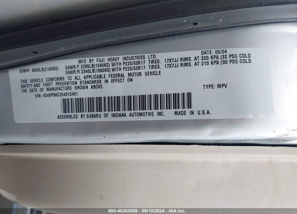2005 SUBARU OUTBACK 3.0R L.L. BEAN EDITION VIN: 4S4BP86C254315401