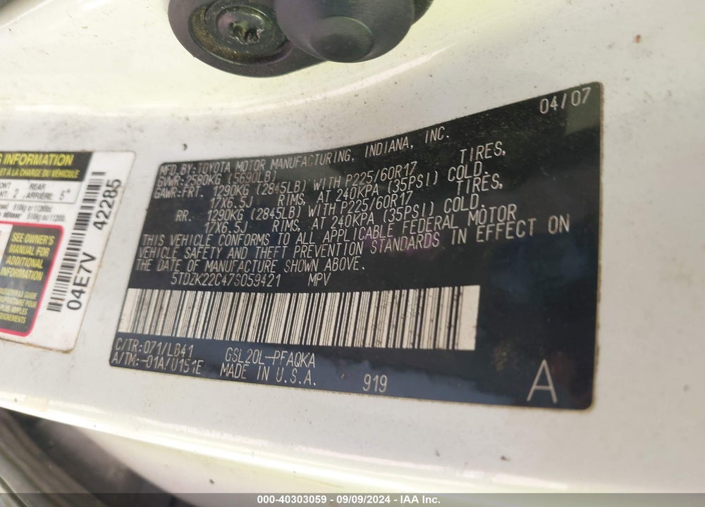 2007 TOYOTA SIENNA XLE LIMITED VIN: 5TDZK22C47S059421