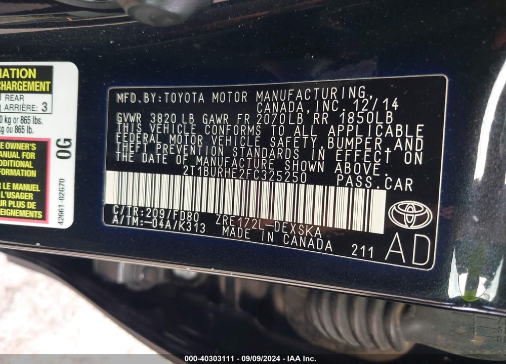 2015 TOYOTA COROLLA S VIN: 2T1BURHE2FC325250