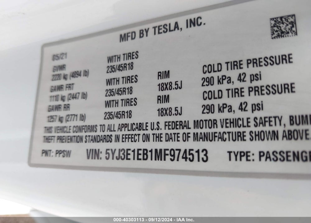 2021 TESLA MODEL 3 LONG RANGE DUAL MOTOR ALL-WHEEL DRIVE VIN: 5YJ3E1EB1MF974513