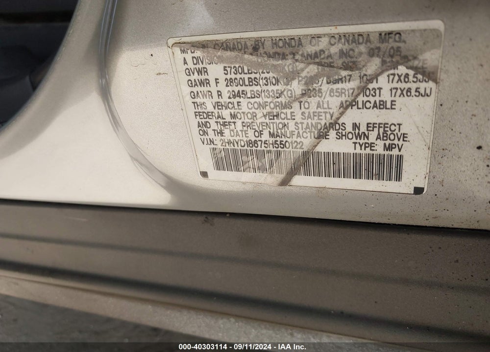 2005 ACURA MDX VIN: 2HNYD18675H550122