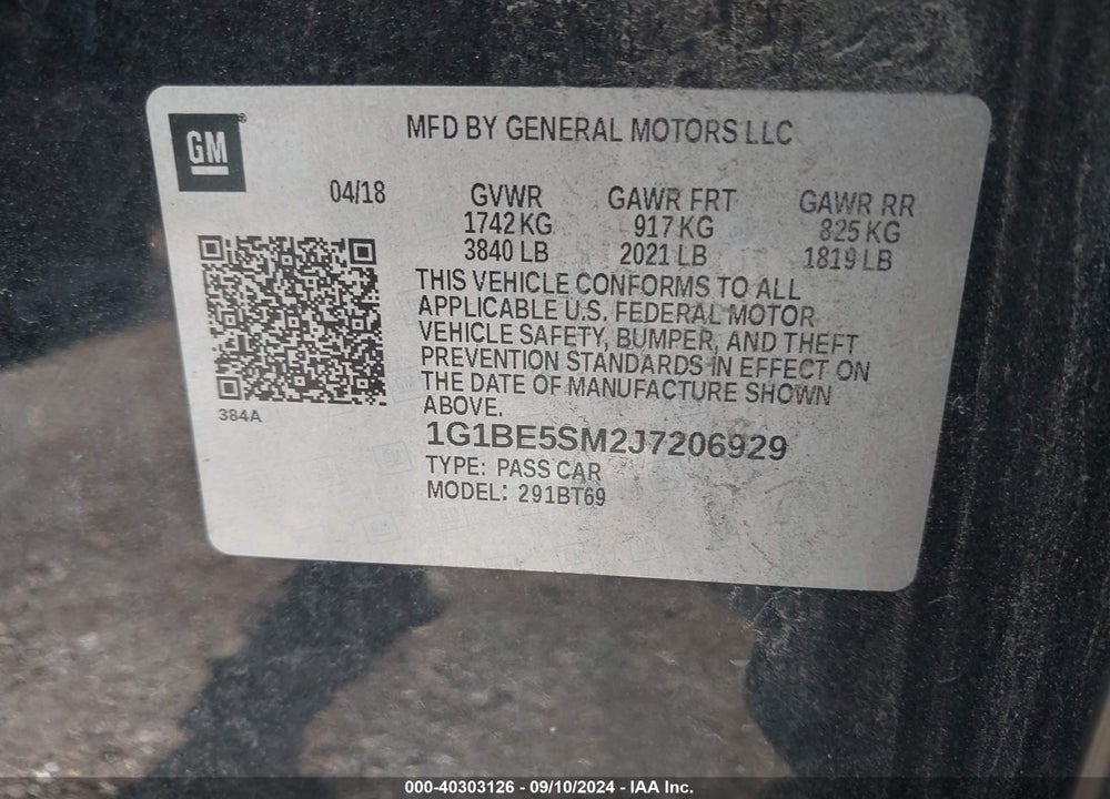 2018 CHEVROLET CRUZE LT AUTO VIN: 1G1BE5SM2J7206929