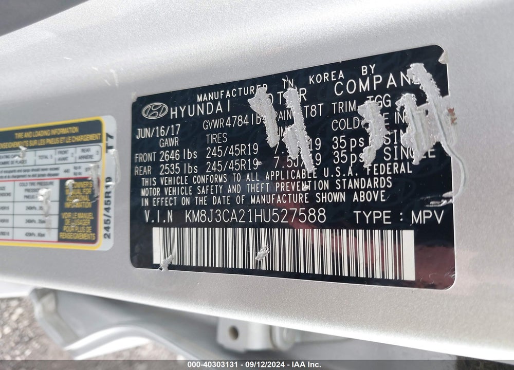 2017 HYUNDAI TUCSON SPORT VIN: KM8J3CA21HU527588