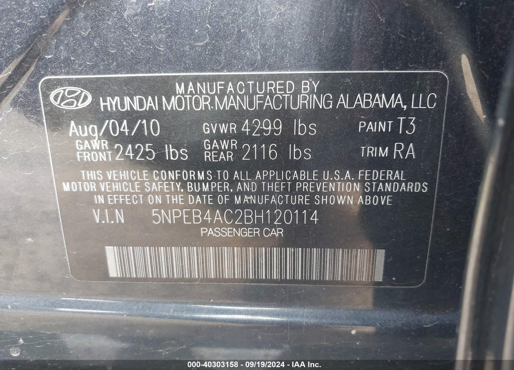 2011 HYUNDAI SONATA GLS VIN: 5NPEB4AC2BH120114