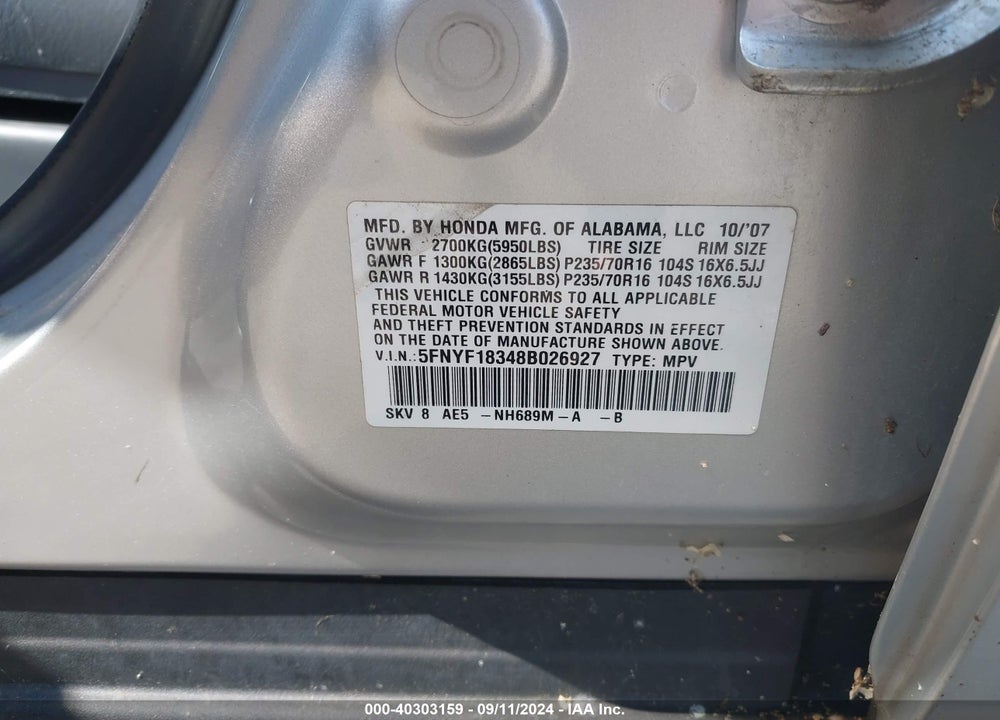 2008 HONDA PILOT VIN: 5FNYF18348B026927