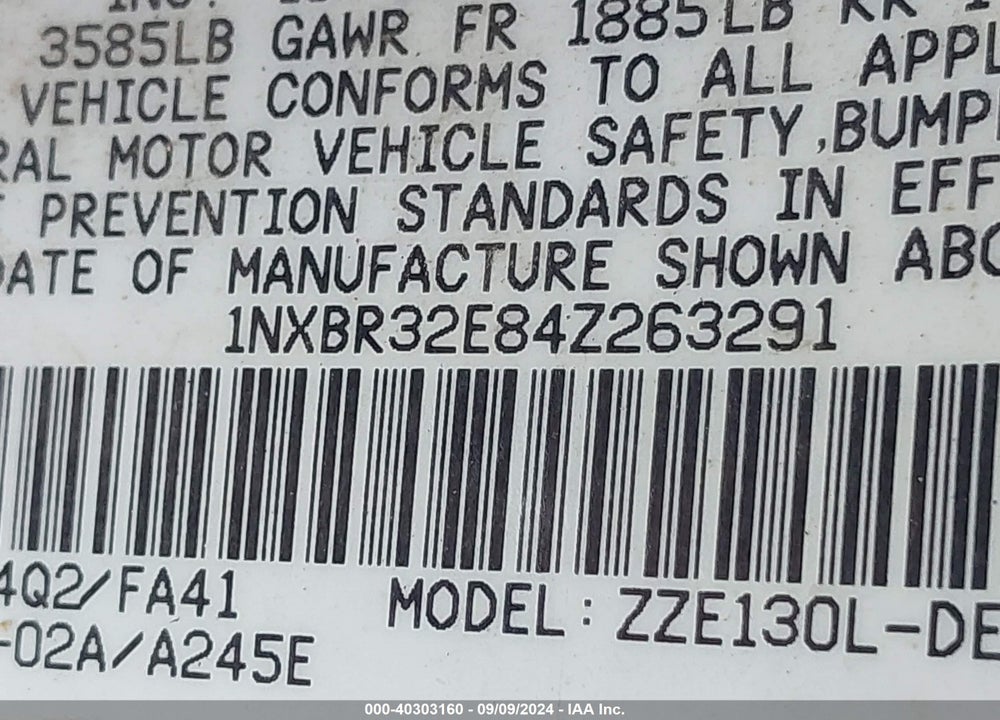 2004 TOYOTA COROLLA LE VIN: 1NXBR32E84Z263291