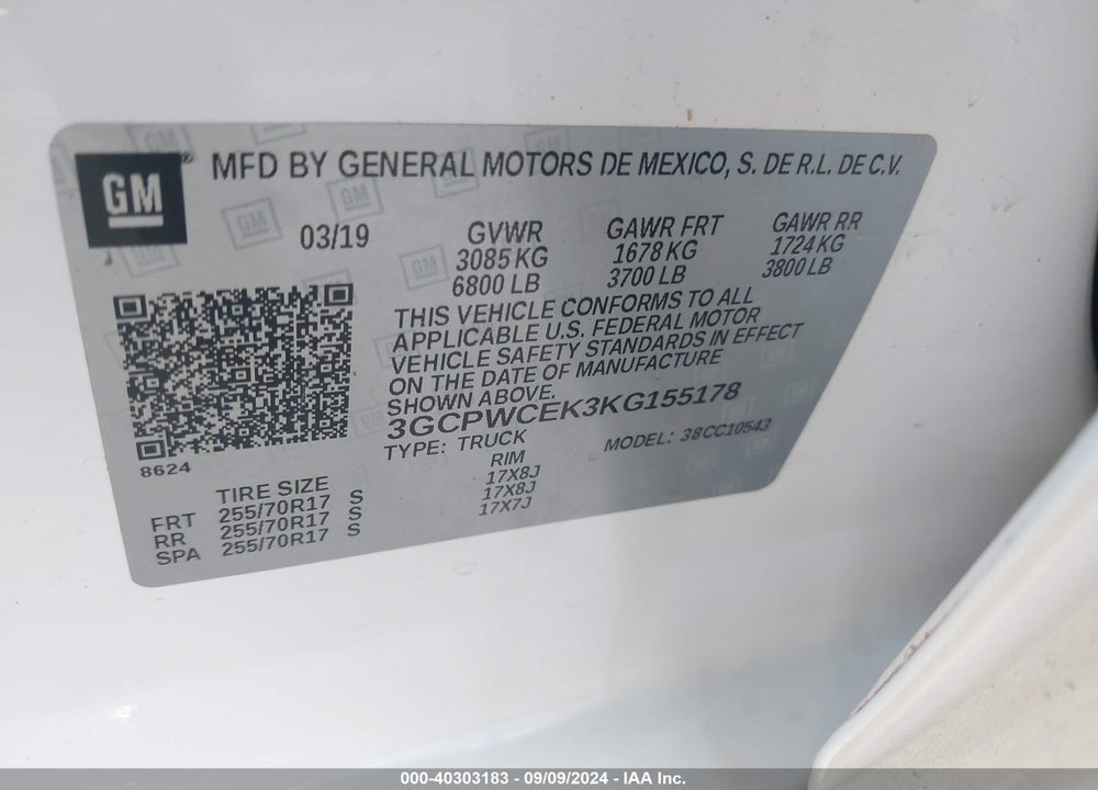 2019 CHEVROLET SILVERADO 1500 LT VIN: 3GCPWCEK3KG155178