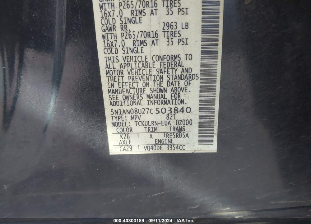 2007 NISSAN XTERRA S VIN: 5N1AN08U27C503840
