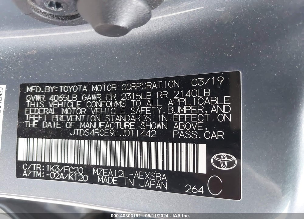 2020 TOYOTA COROLLA SE VIN: JTDS4RCE9LJ011442