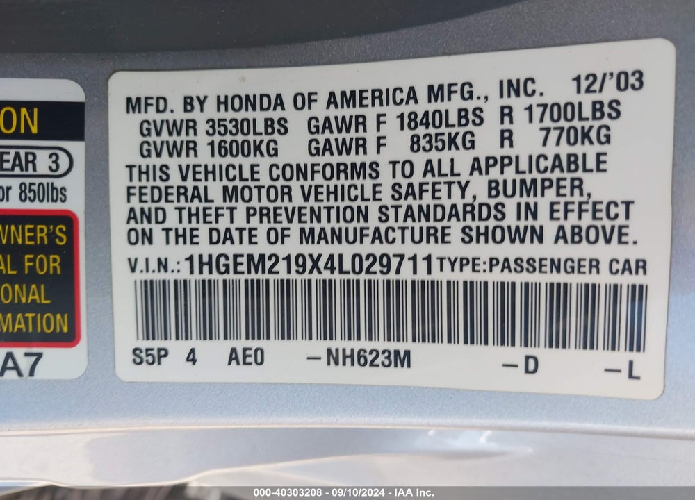 2004 HONDA CIVIC EX VIN: 1HGEM219X4L029711