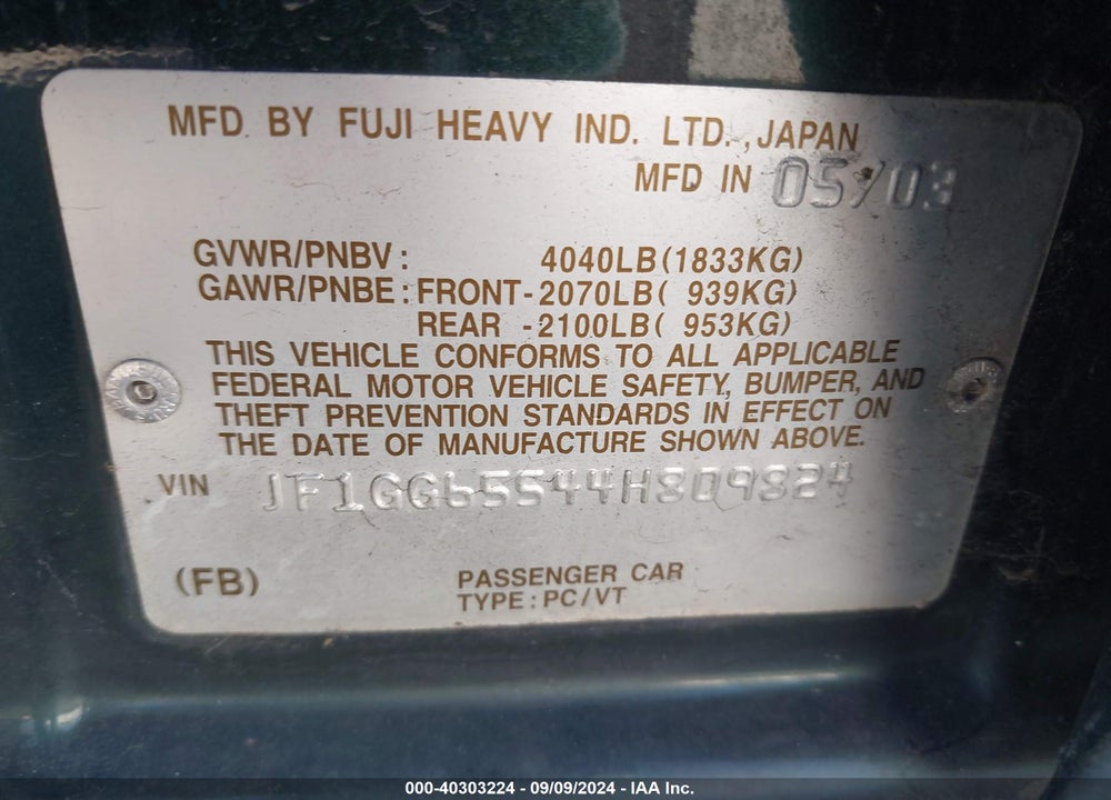 2004 SUBARU IMPREZA 2.5TS VIN: JF1GG65544H809824