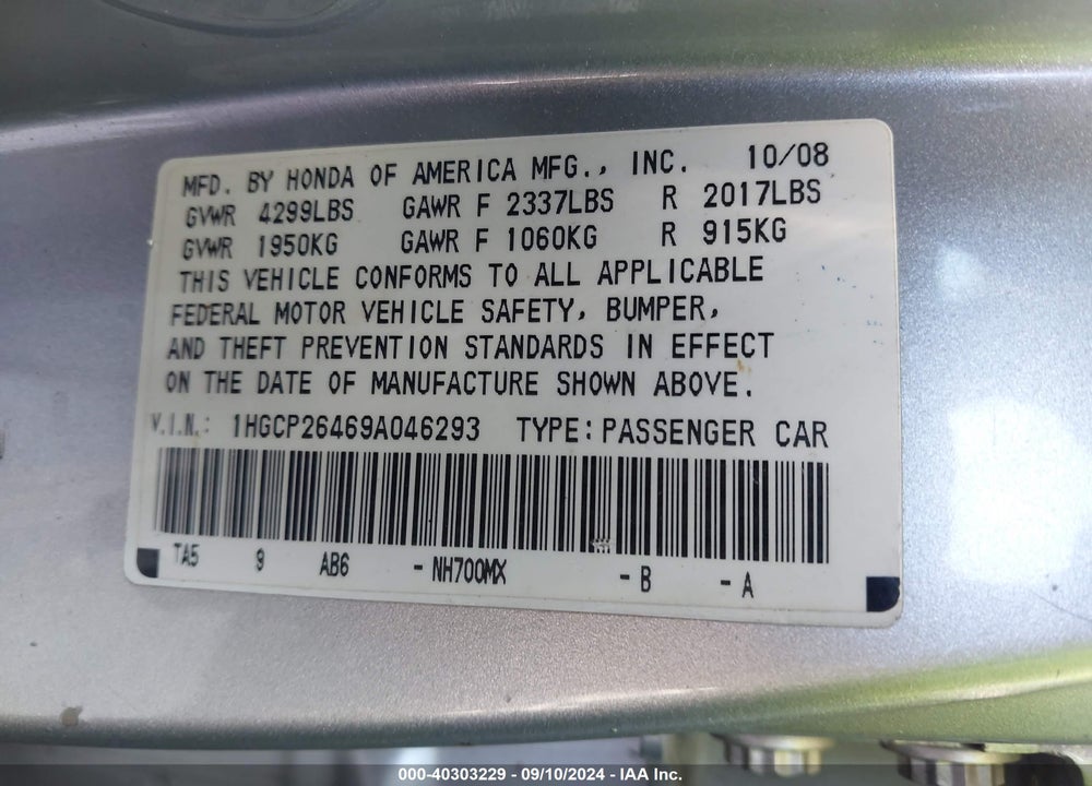 2009 HONDA ACCORD 2.4 LX-P VIN: 1HGCP26469A046293