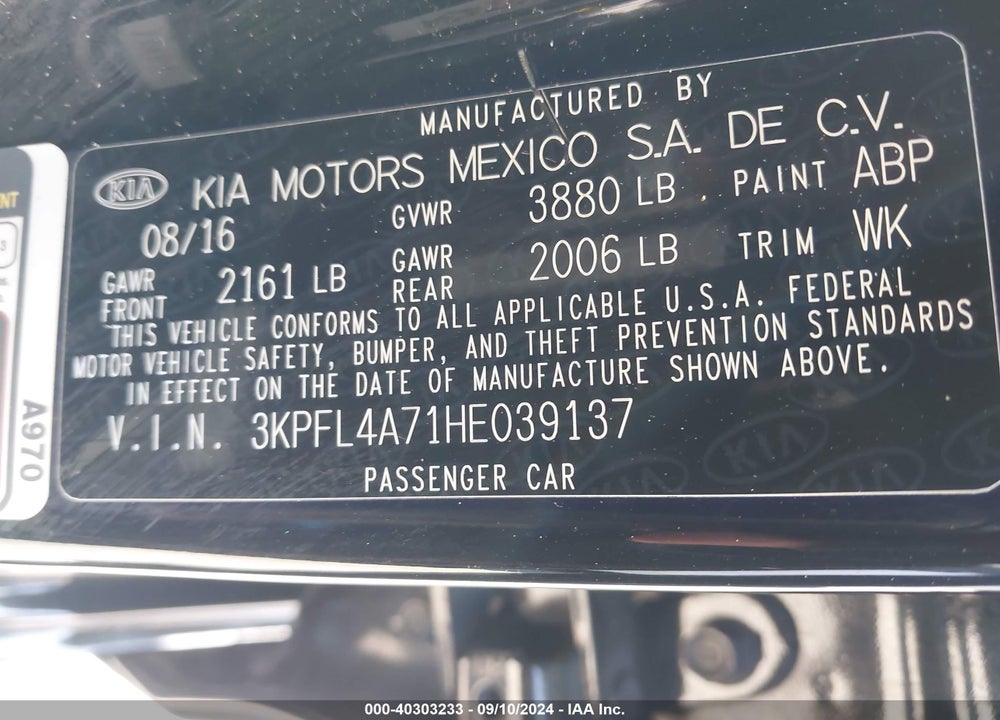 2017 KIA FORTE S VIN: 3KPFL4A71HE039137