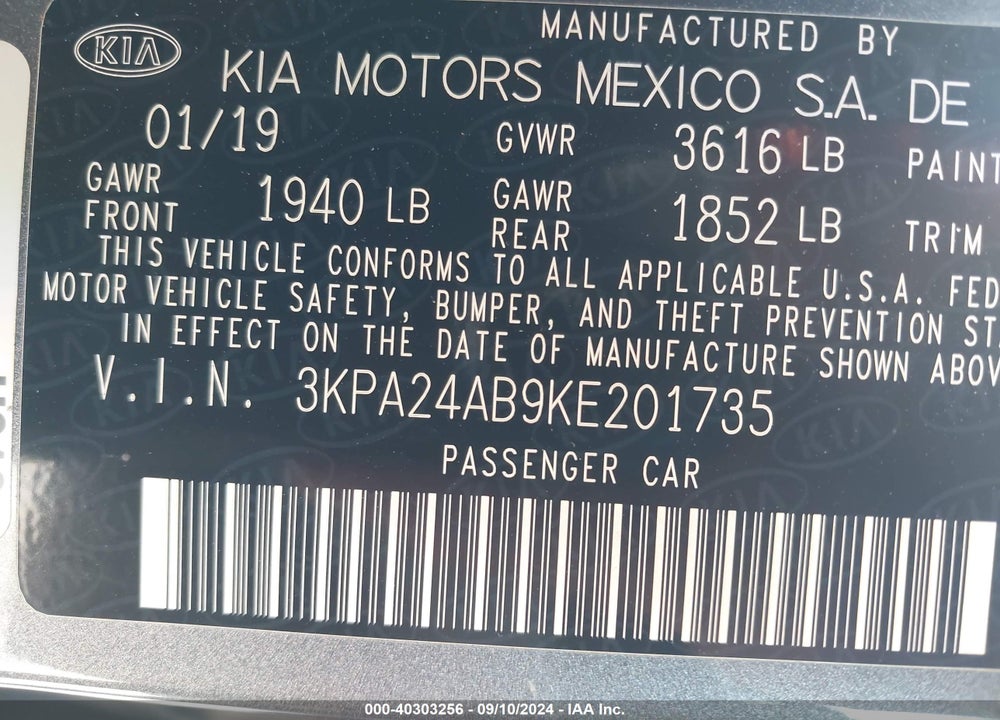 2019 KIA RIO S VIN: 3KPA24AB9KE201735