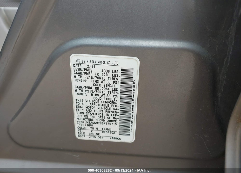 2011 NISSAN ROGUE S VIN: JN8AS5MT8BW175715