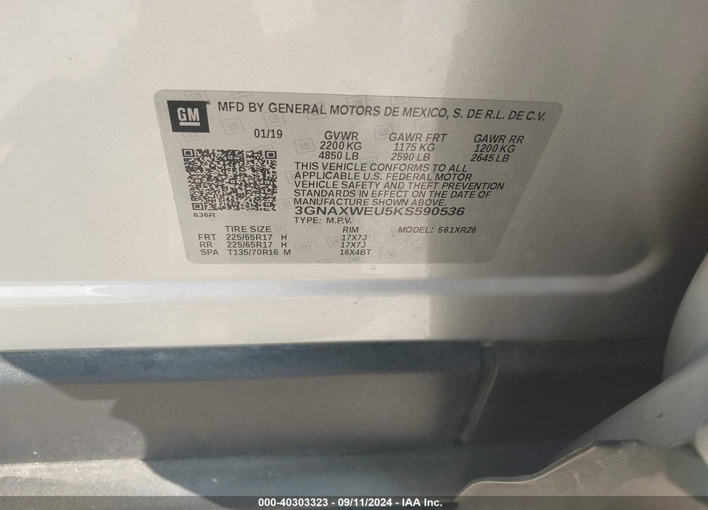 2019 CHEVROLET EQUINOX LT VIN: 3GNAXWEU5KS590536