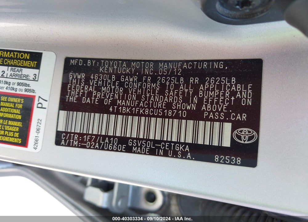 2012 TOYOTA CAMRY XLE V6 VIN: 4T1BK1FK8CU518710