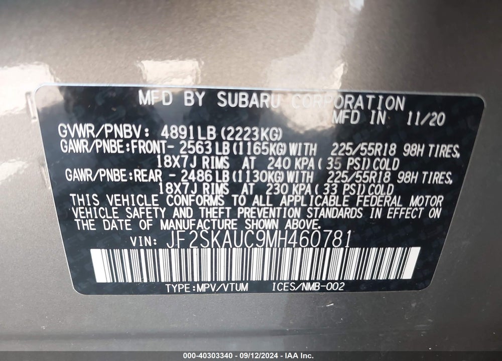 2021 SUBARU FORESTER LIMITED VIN: JF2SKAUC9MH460781