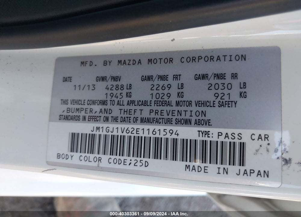 2014 MAZDA 6 I TOURING VIN: JM1GJ1V62E1161594