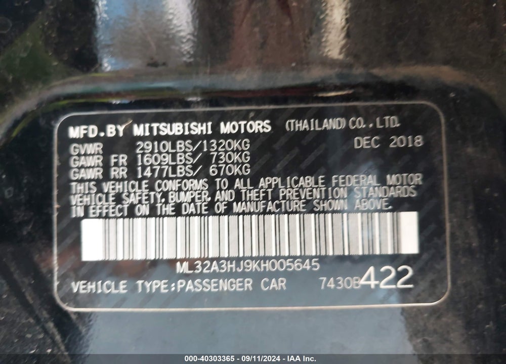 2019 MITSUBISHI MIRAGE ES VIN: ML32A3HJ9KH005645