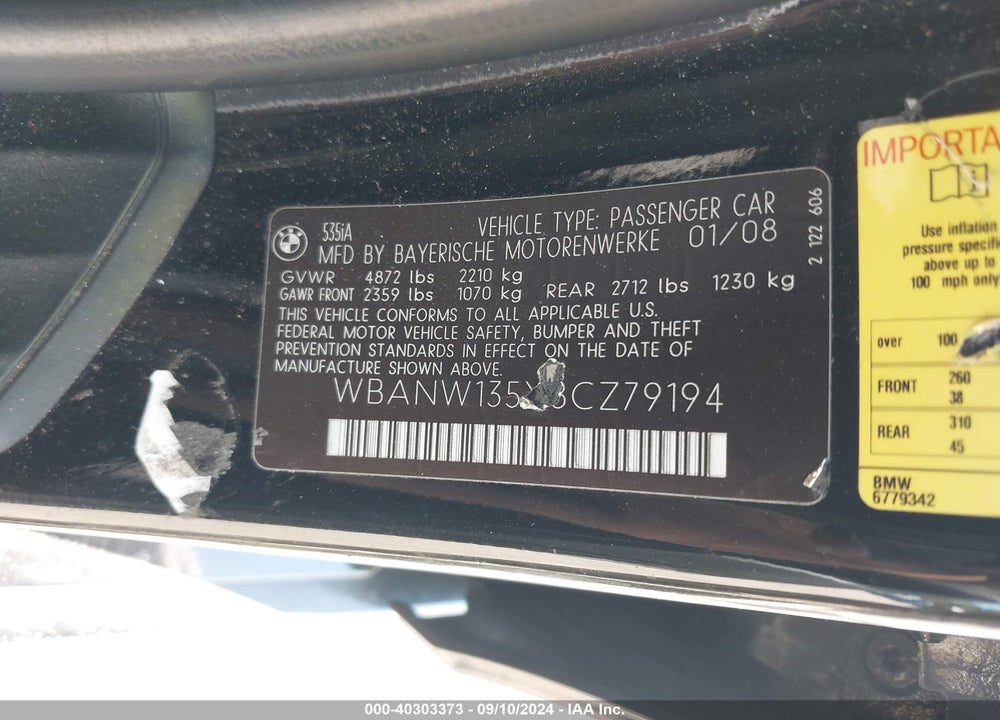 2008 BMW 535I VIN: WBANW135X8CZ79194