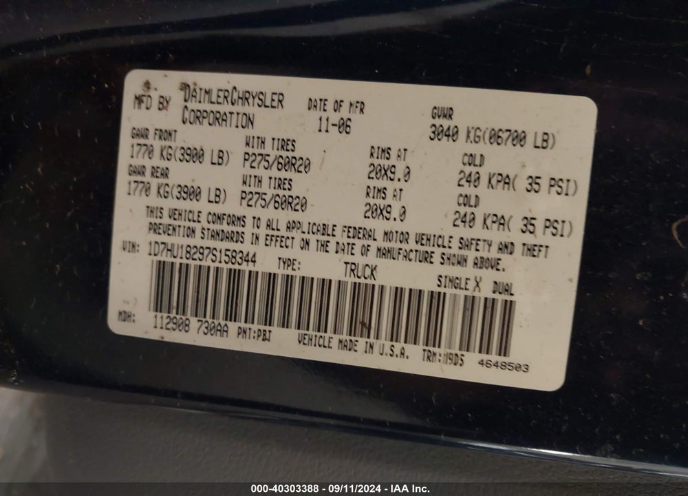 2007 DODGE RAM 1500 SLT/TRX4 OFF ROAD/SPORT VIN: 1D7HU18297S158344