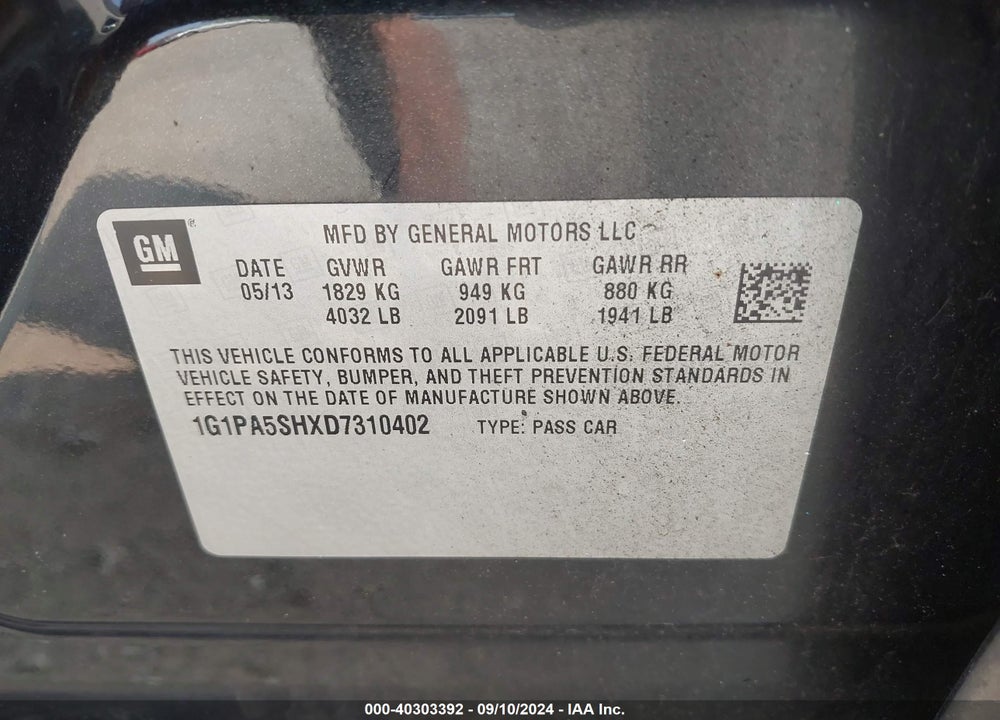 2013 CHEVROLET CRUZE VIN: 1G1PA5SHXD7310402