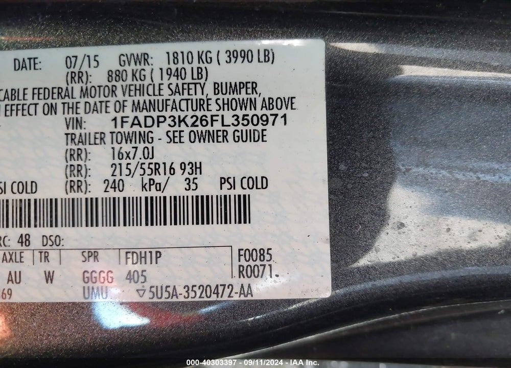 2015 FORD FOCUS SE VIN: 1FADP3K26FL350971