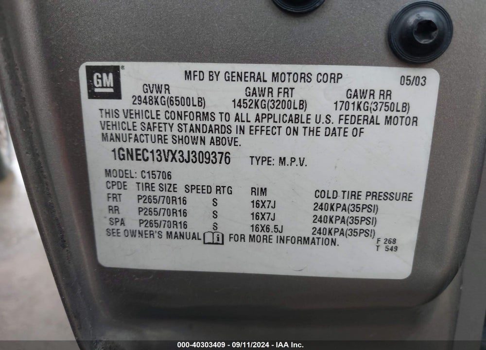 2003 CHEVROLET TAHOE LS VIN: 1GNEC13VX3J309376