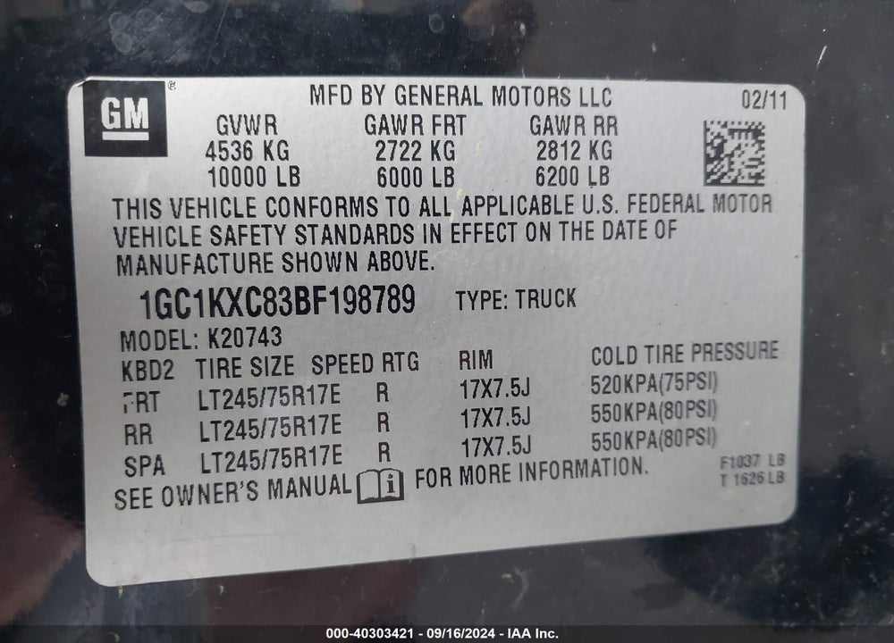 2011 CHEVROLET SILVERADO 2500HD LT VIN: 1GC1KXC83BF198789