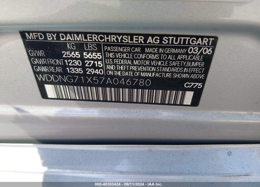 2007 MERCEDES-BENZ S 550 VIN: WDDNG71X57A046780