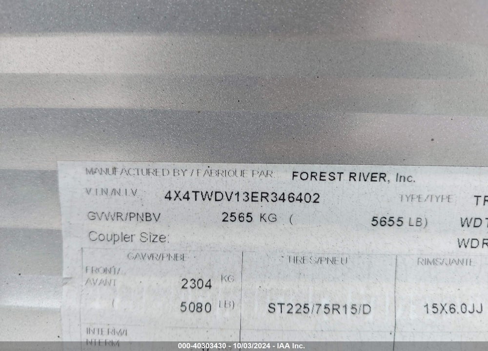2014 FOREST RIVER TRUE NORTH FISH HOUSE VIN: 4X4TWDV13ER346402