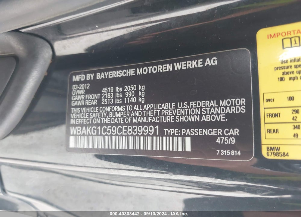 2012 BMW 335IS VIN: WBAKG1C59CE839991