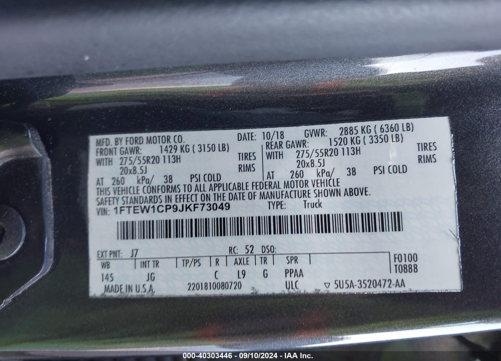 2018 FORD F-150 XL VIN: 1FTEW1CP9JKF73049