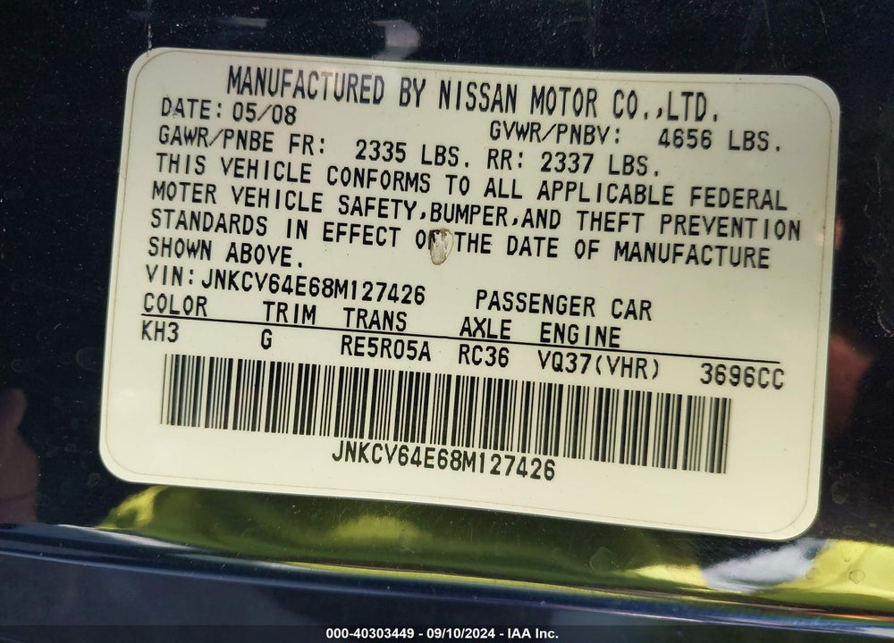 2008 INFINITI G37 JOURNEY VIN: JNKCV64E68M127426
