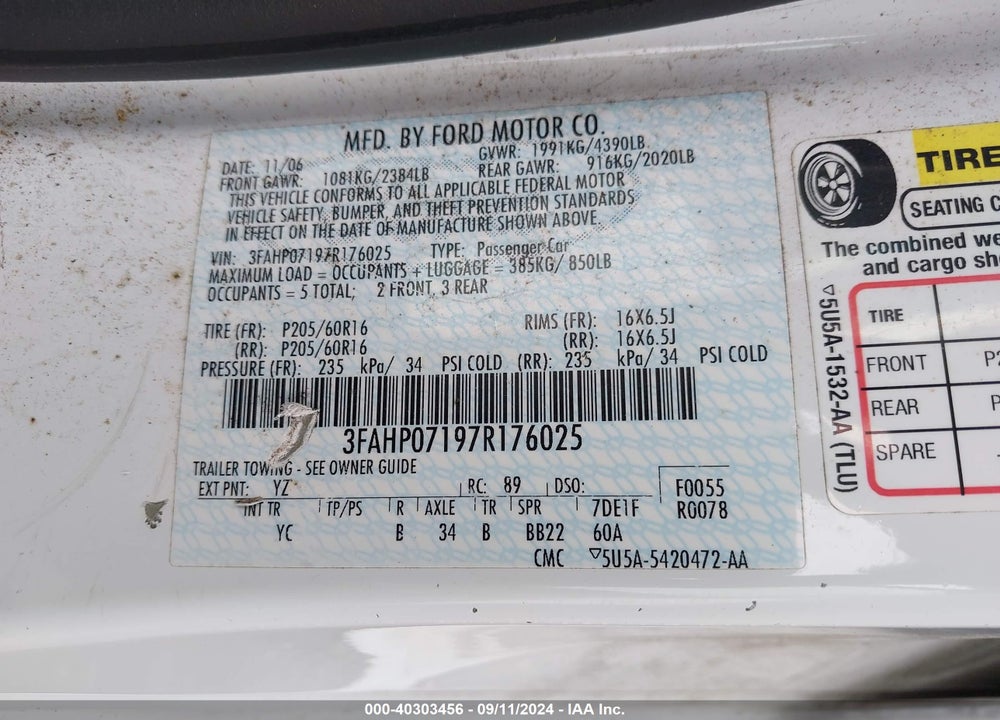 2007 FORD FUSION SE VIN: 3FAHP07197R176025