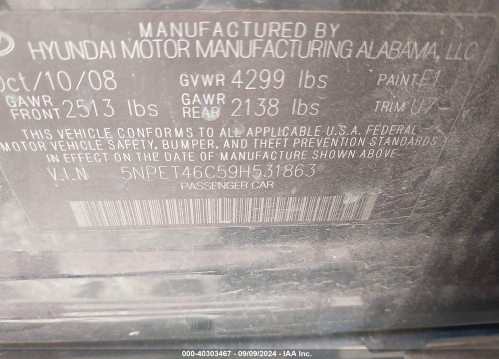 2009 HYUNDAI SONATA GLS VIN: 5NPET46C59H531863