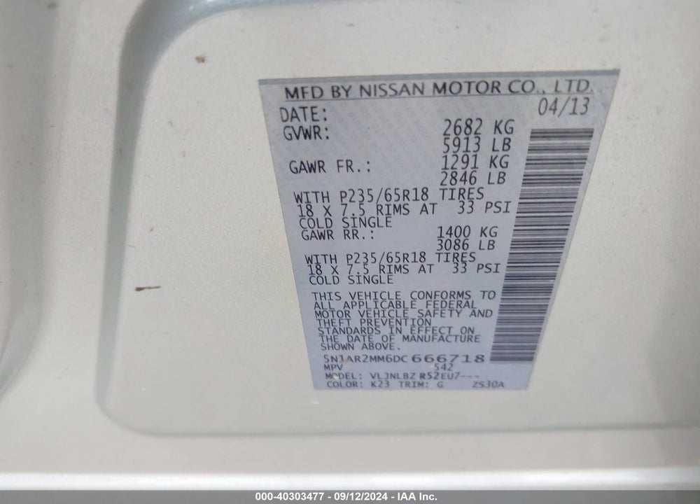 2013 NISSAN PATHFINDER S VIN: 5N1AR2MM6DC666718