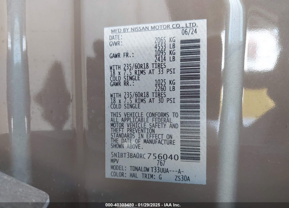 2024 NISSAN ROGUE SV FWD VIN: 5N1BT3BA0RC756040