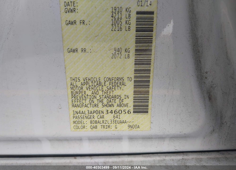 2014 NISSAN ALTIMA 2.5/2.5 S/2.5 SL/2.5 SV VIN: 1N4AL3AP0EN346056