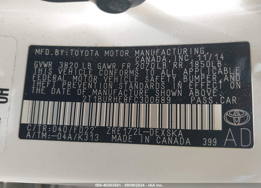 2015 TOYOTA COROLLA S PLUS VIN: 2T1BURHE8FC300689