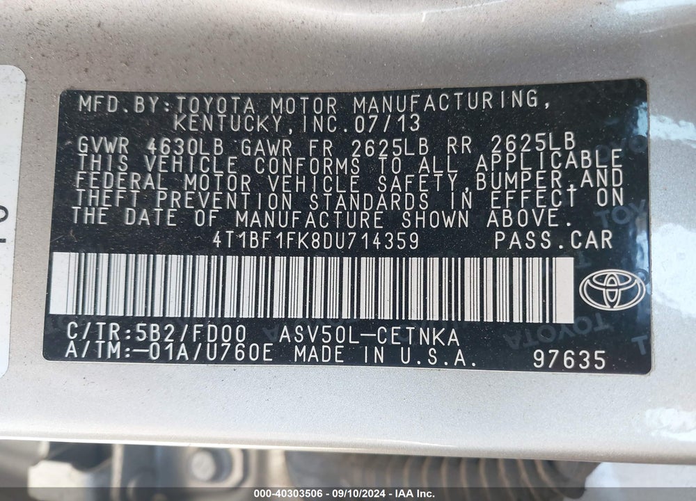2013 TOYOTA CAMRY LE VIN: 4T1BF1FK8DU714359