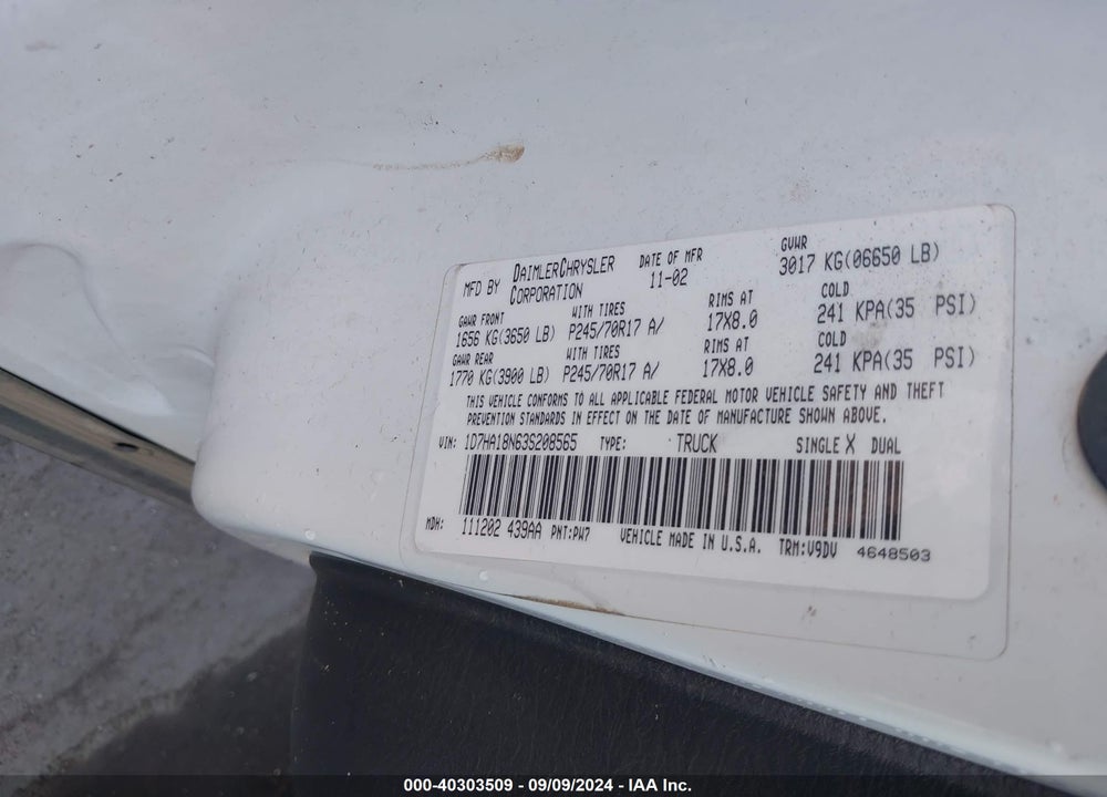 2003 DODGE RAM 1500 SLT/LARAMIE/ST VIN: 1D7HA18N63S208565