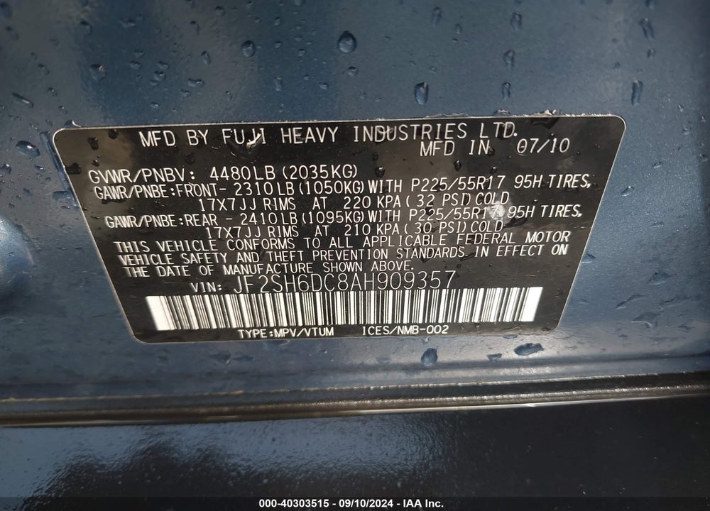 2010 SUBARU FORESTER 2.5X LIMITED VIN: JF2SH6DC8AH909357