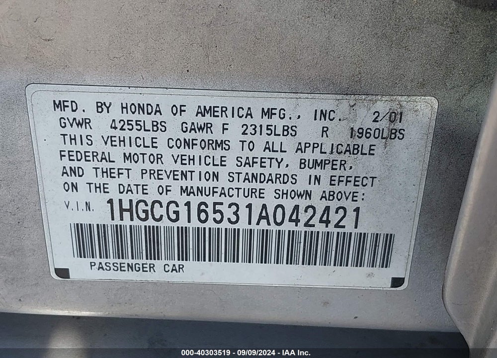 2001 HONDA ACCORD 3.0 EX VIN: 1HGCG16531A042421