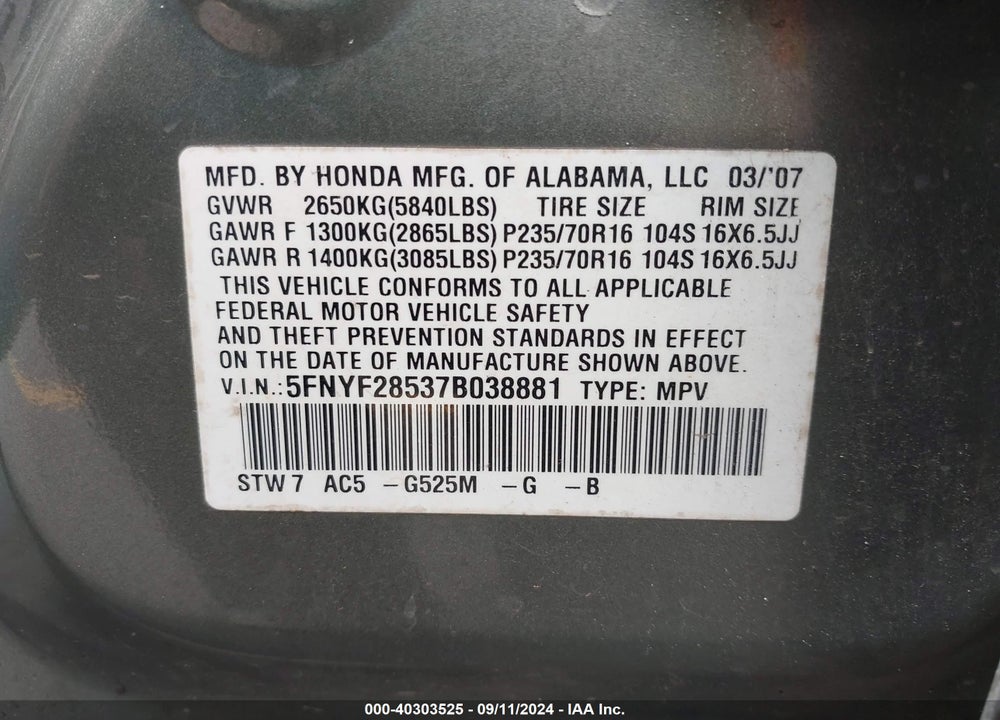2007 HONDA PILOT EX-L VIN: 5FNYF28537B038881