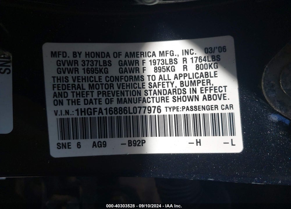 2006 HONDA CIVIC EX VIN: 1HGFA16886L077976