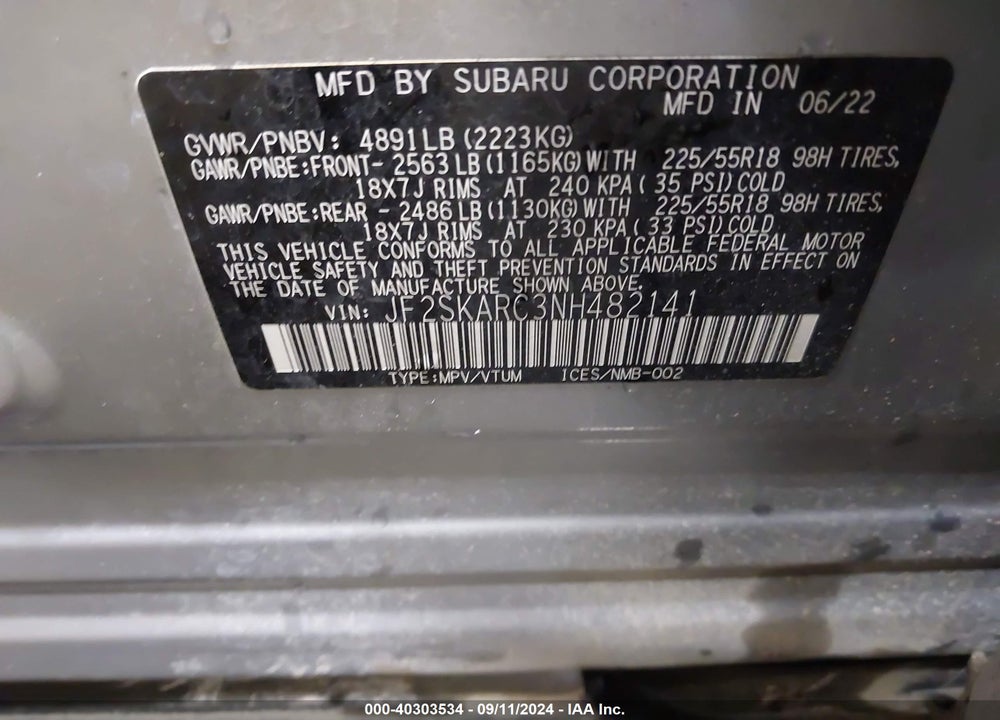 2022 SUBARU FORESTER TOURING VIN: JF2SKARC3NH482141