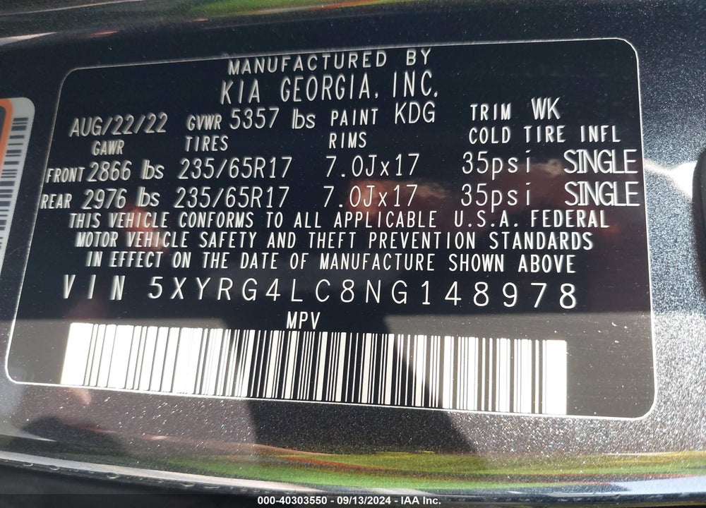 2022 KIA SORENTO LX VIN: 5XYRG4LC8NG148978