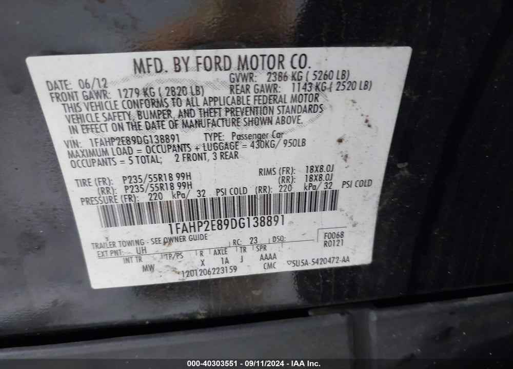 2013 FORD TAURUS SEL VIN: 1FAHP2E89DG138891